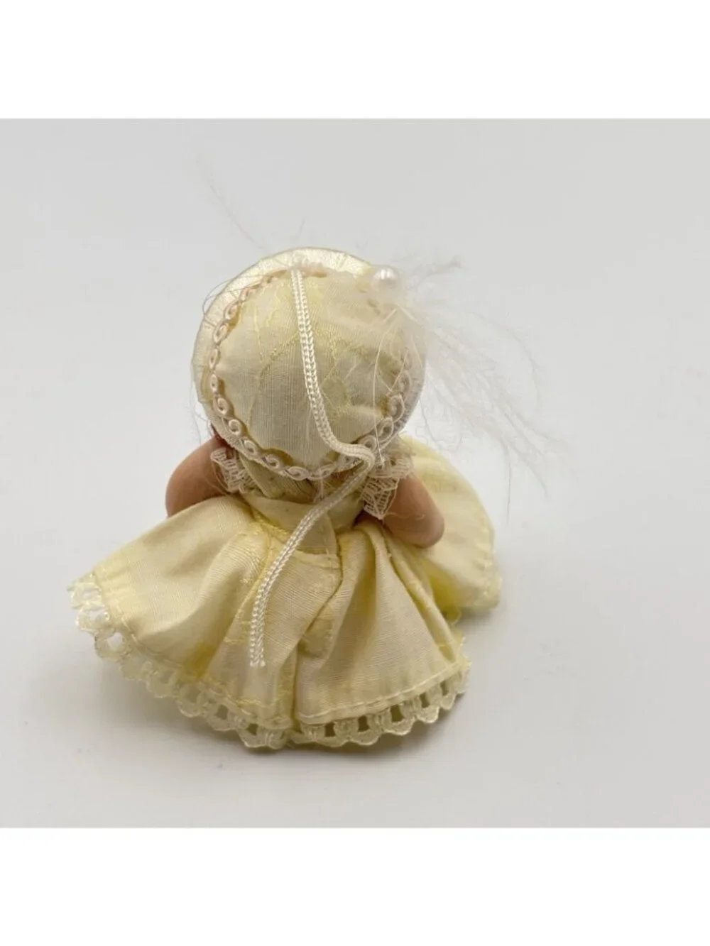 Miniature Porcelain Victorian Doll Christmas Ornament Cream Dress Beaded Hat 2”